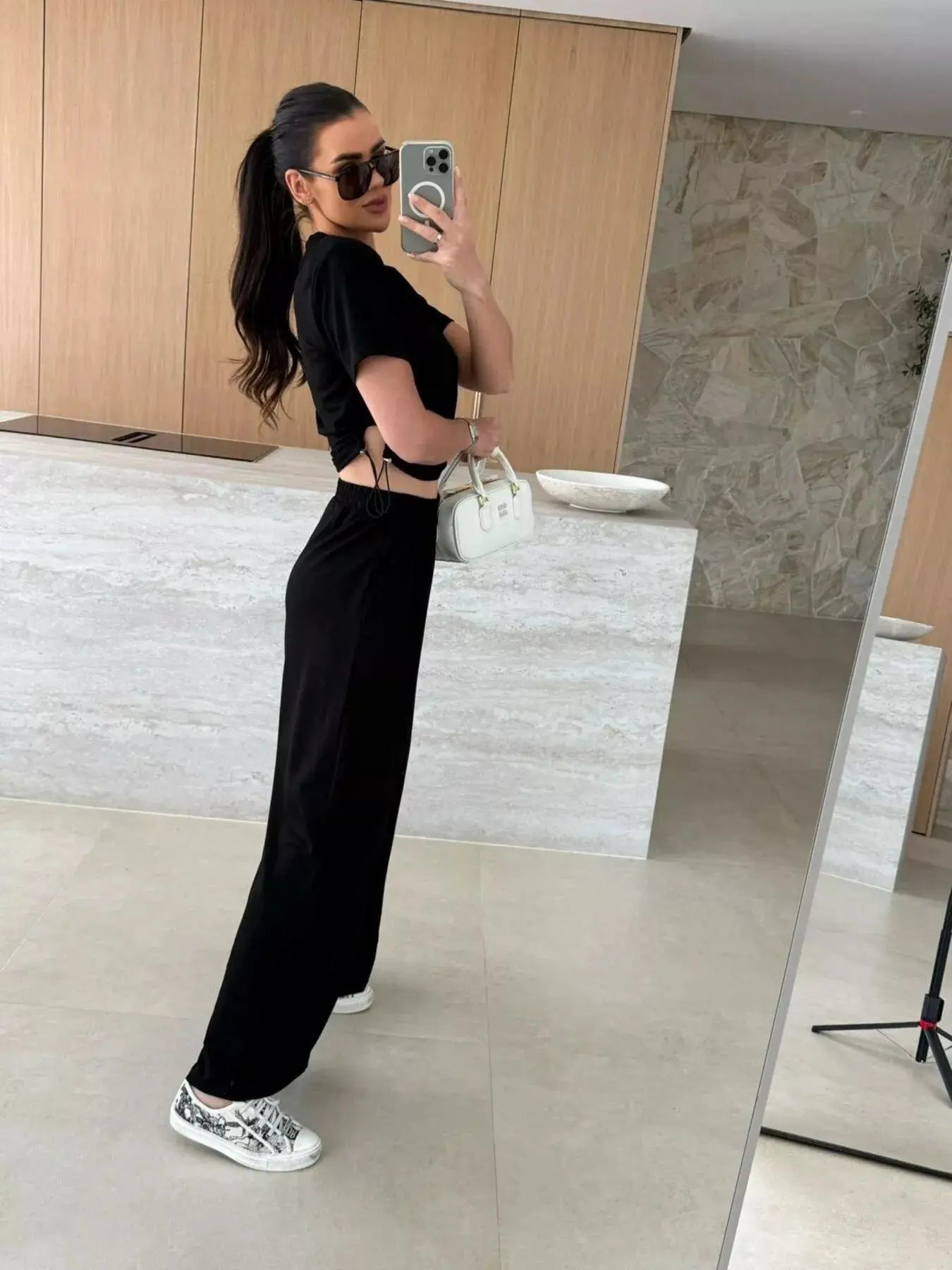 Drawstring Crop Top and Wide-Leg Pants Set  Style Ratio