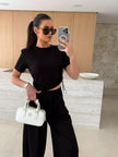 Drawstring Crop Top and Wide-Leg Pants Set  Style Ratio