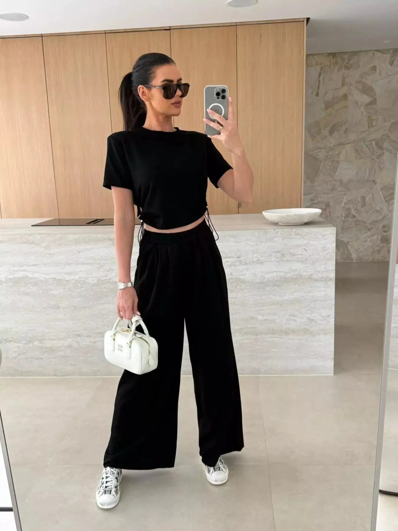 Drawstring Crop Top and Wide-Leg Pants Set  Style Ratio