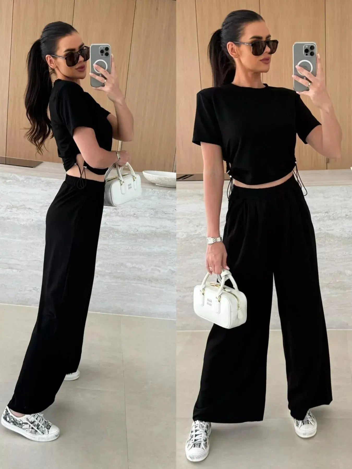 Drawstring Crop Top and Wide-Leg Pants Set  Style Ratio