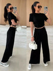 Drawstring Crop Top and Wide-Leg Pants Set  Style Ratio