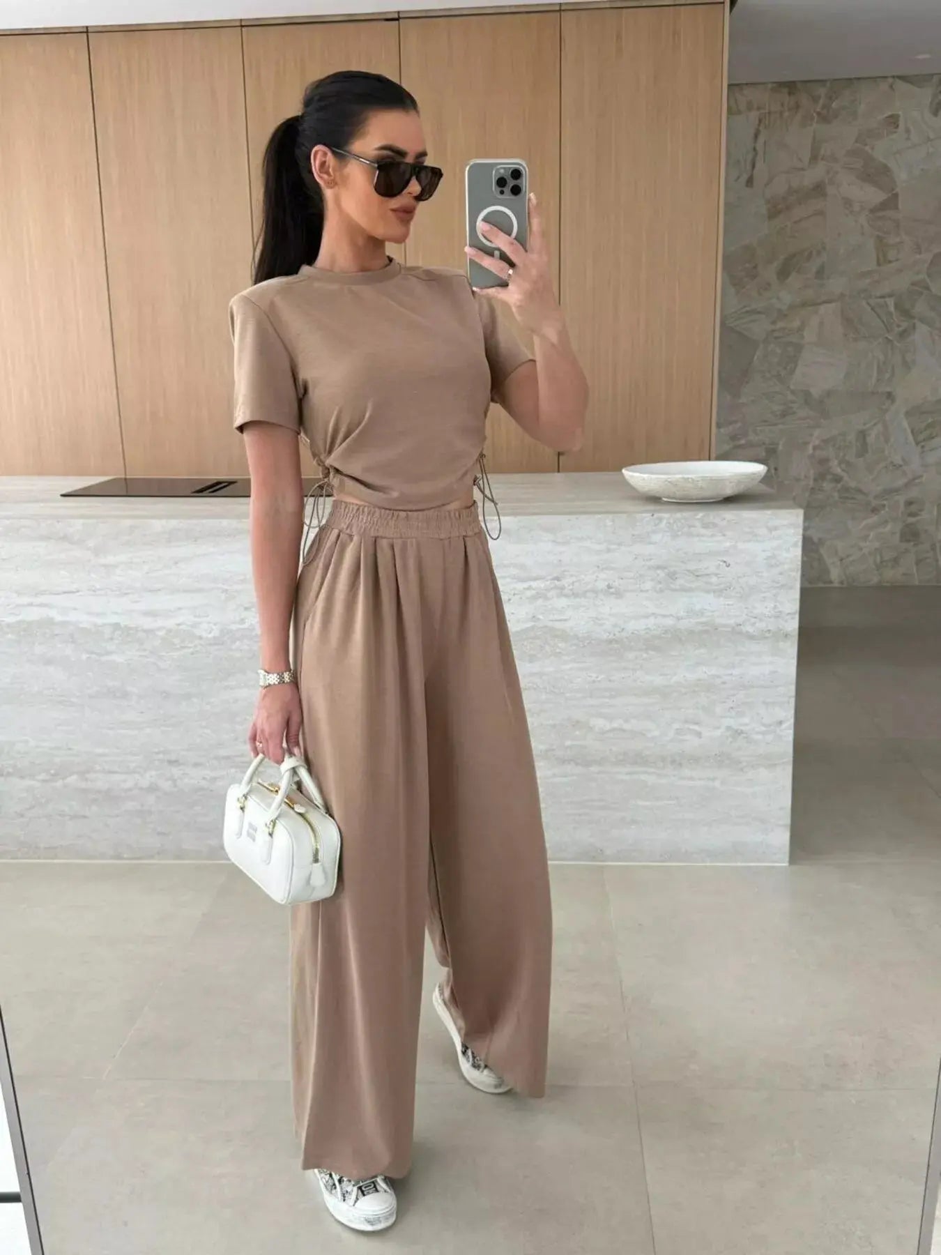Drawstring Crop Top and Wide-Leg Pants Set  Style Ratio