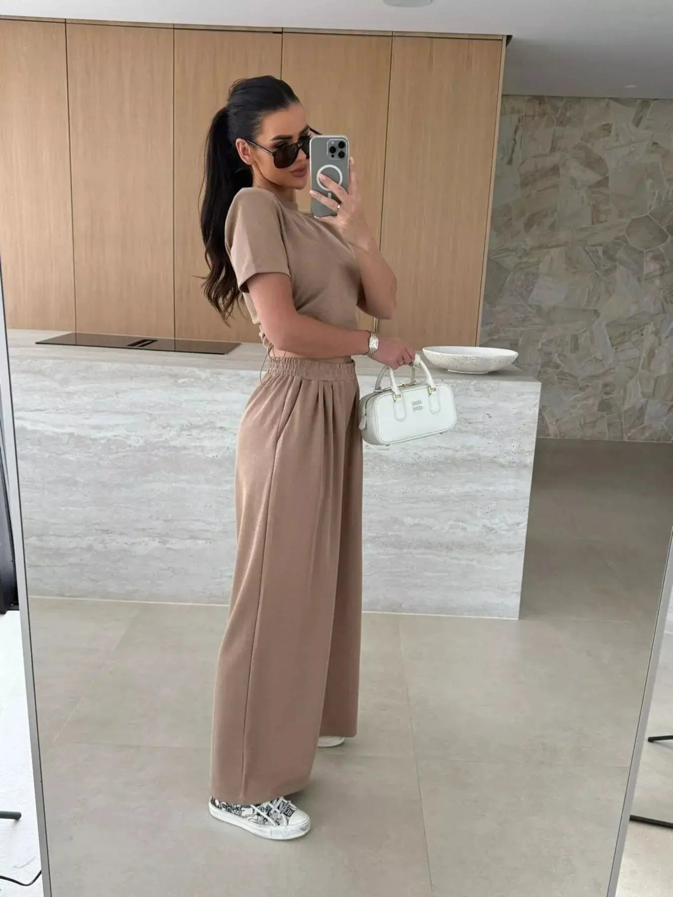 Drawstring Crop Top and Wide-Leg Pants Set  Style Ratio