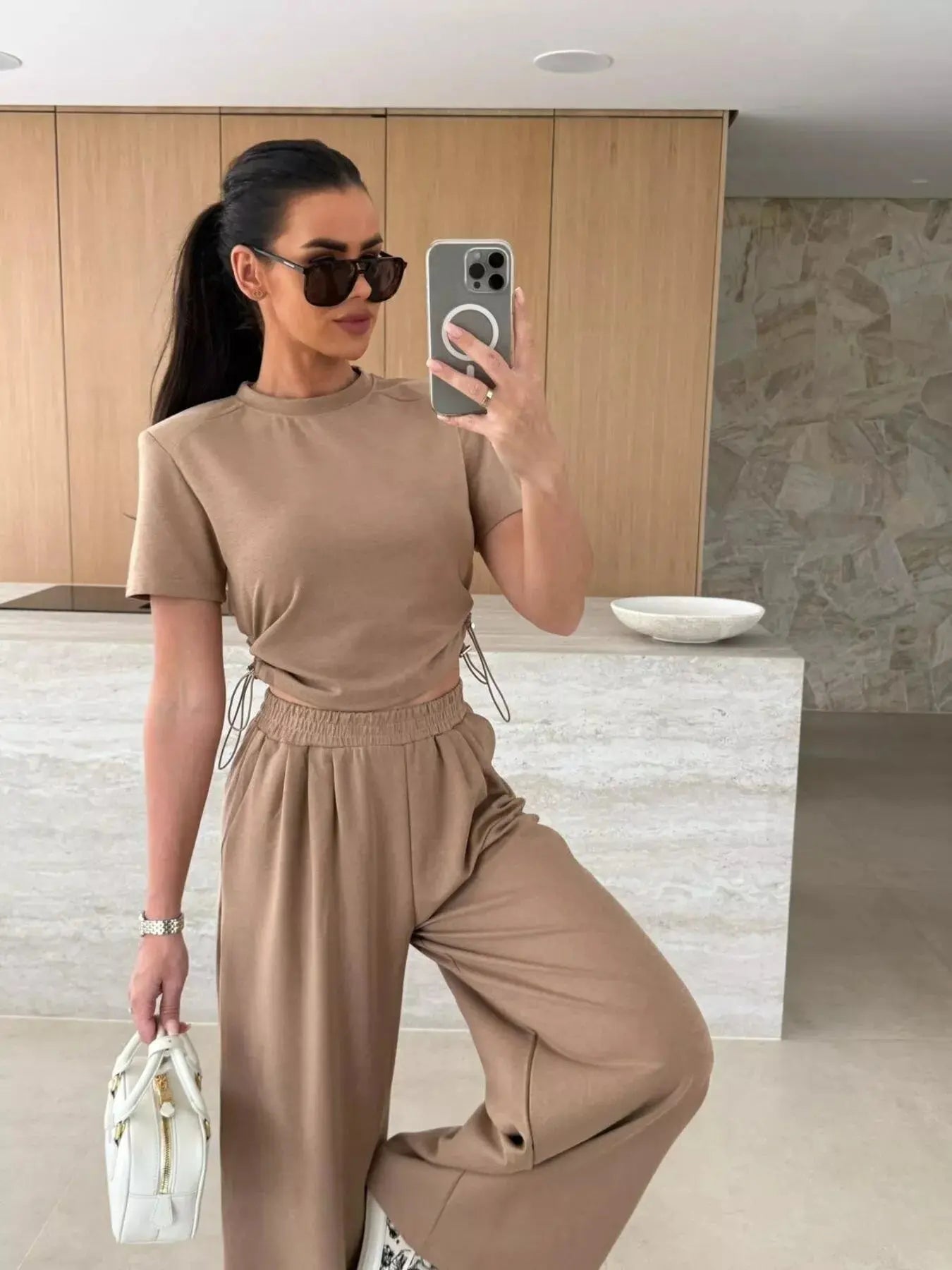 Drawstring Crop Top and Wide-Leg Pants Set  Style Ratio