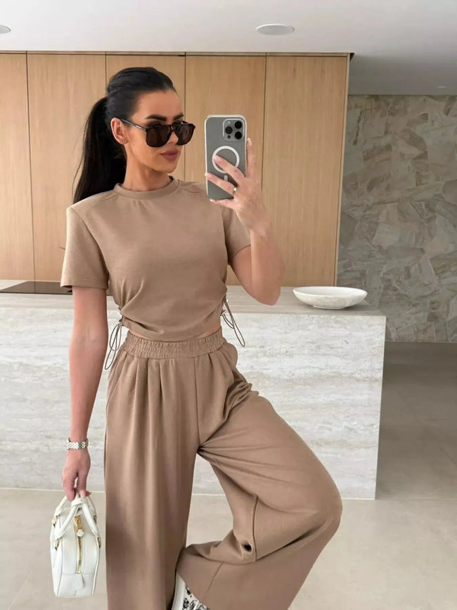 Drawstring Crop Top and Wide-Leg Pants Set  Style Ratio