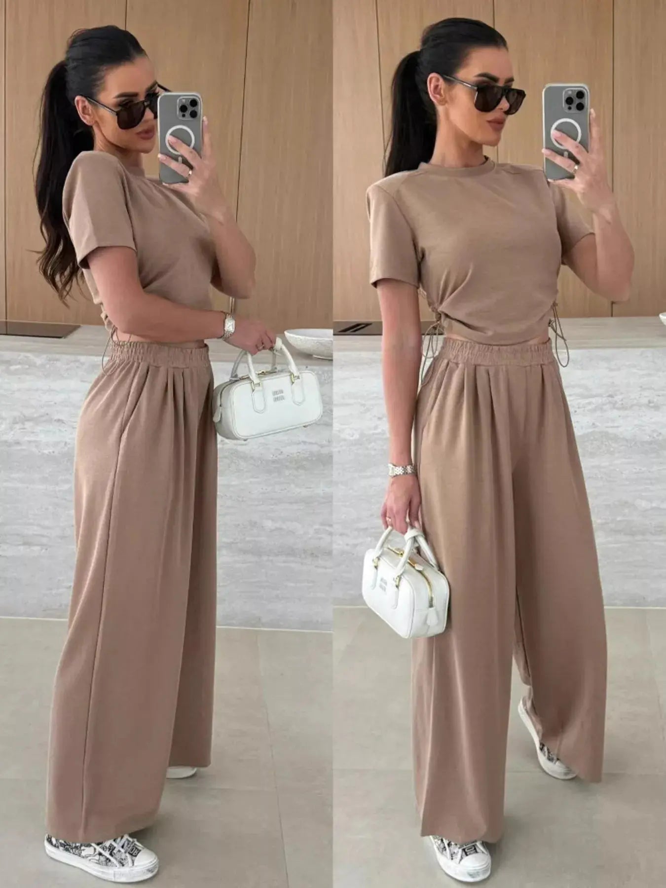 Drawstring Crop Top and Wide-Leg Pants Set  Style Ratio
