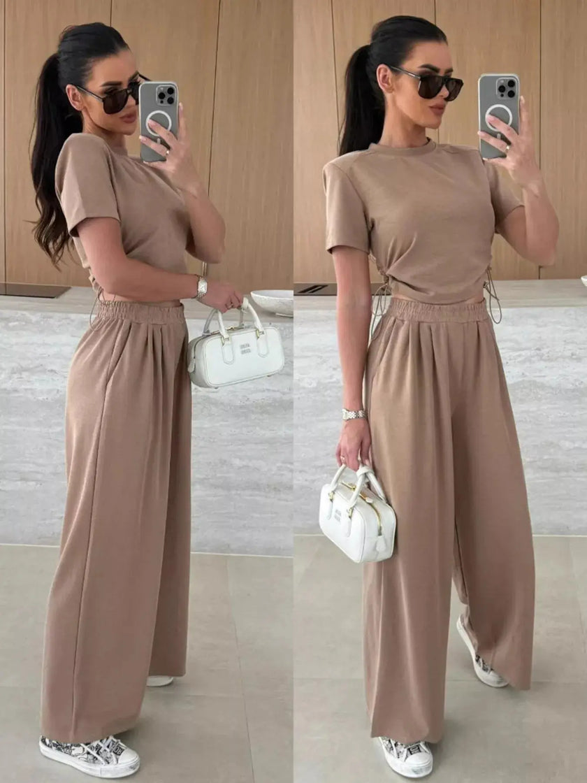 Drawstring Crop Top and Wide-Leg Pants Set  Style Ratio