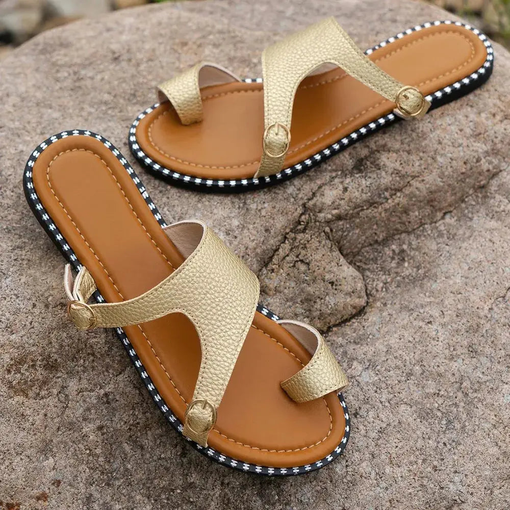 Toe Loop PU Leather Flats Sandals - Style Ratio