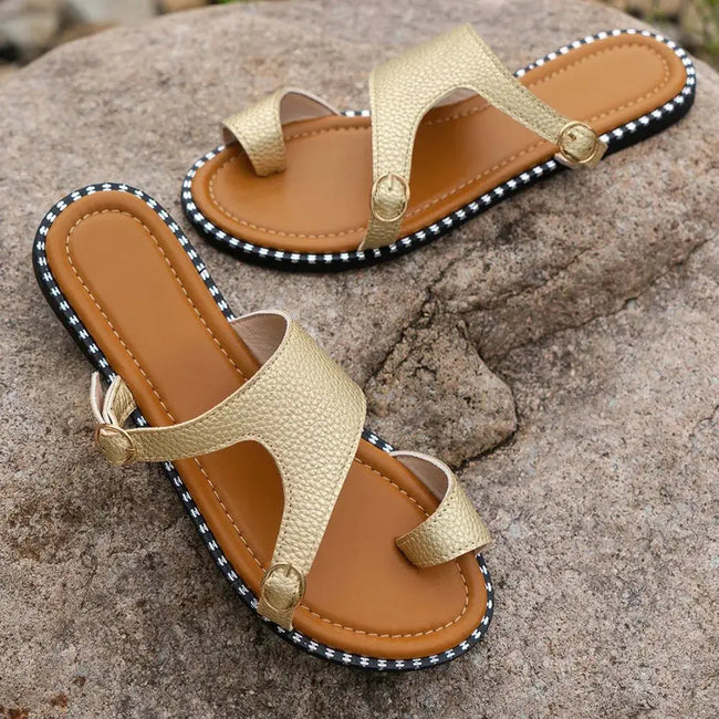 Toe Loop PU Leather Flats Sandals - Style Ratio