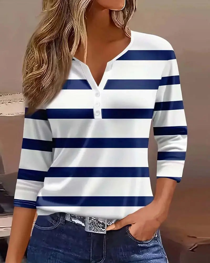 Stripe V Neck Buttoned Casual Shirt - Style Ratio