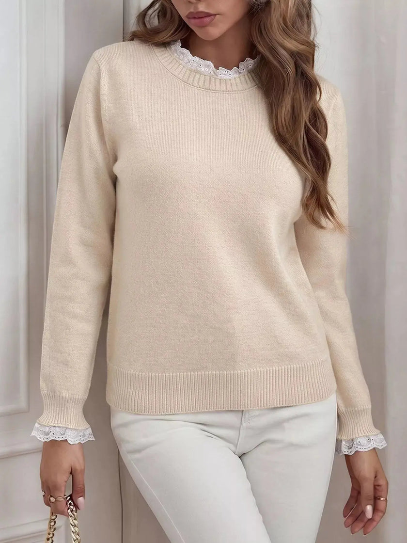 Elegant Lace Trim Round Neck Sweater  Style Ratio