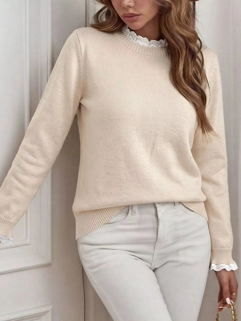 Elegant Lace Trim Round Neck Sweater  Style Ratio