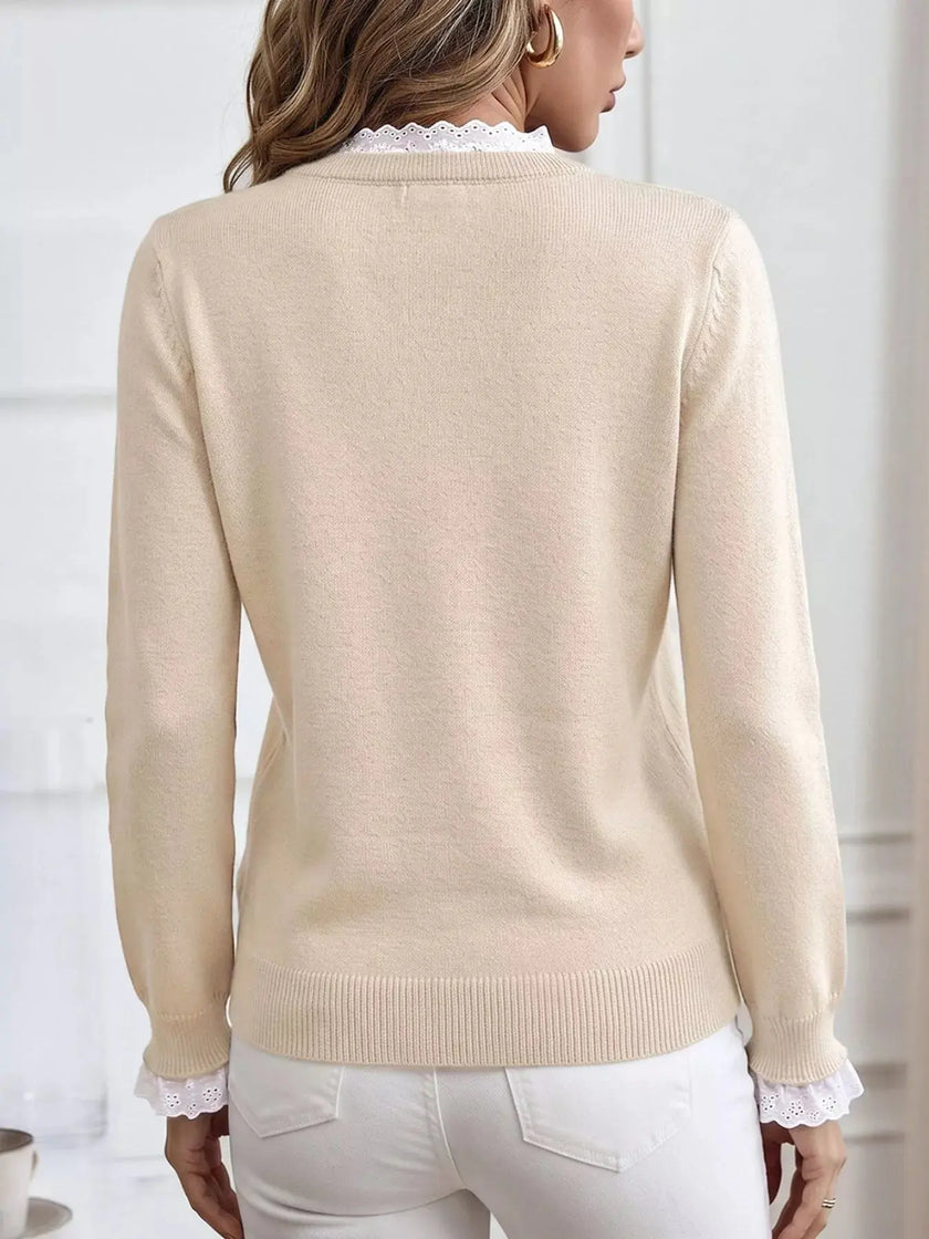 Elegant Lace Trim Round Neck Sweater  Style Ratio