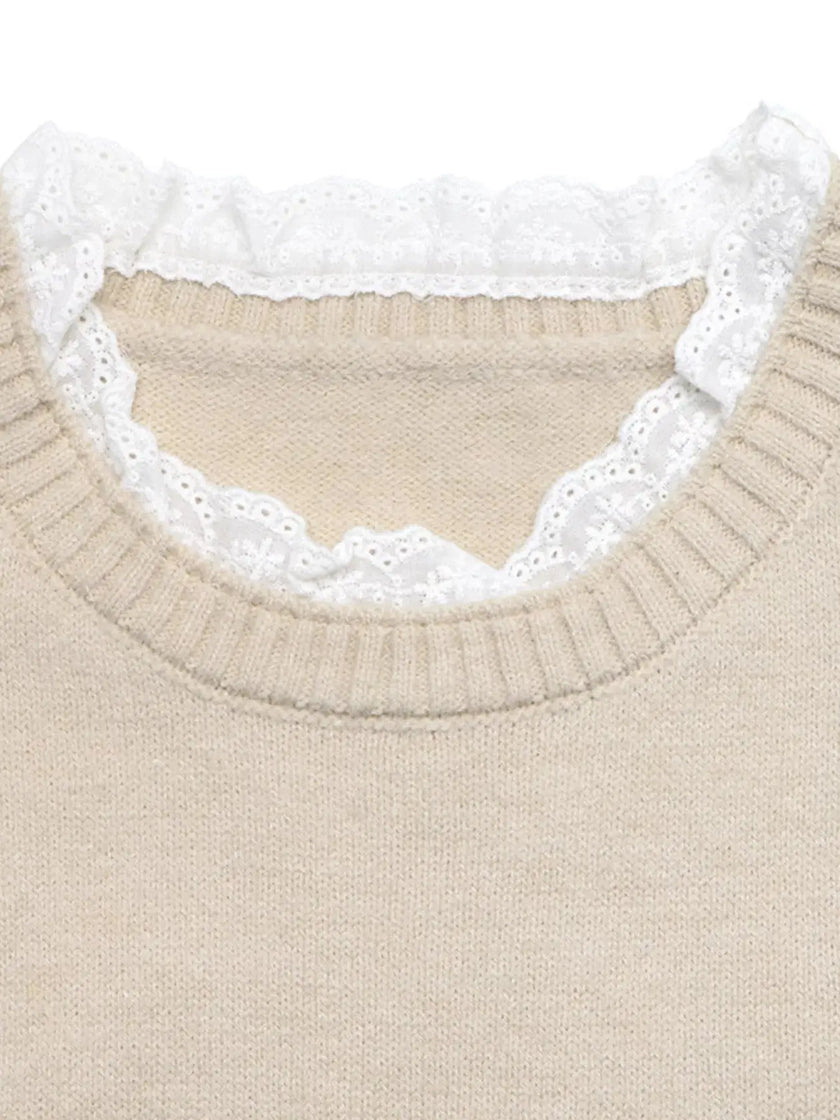 Elegant Lace Trim Round Neck Sweater  Style Ratio