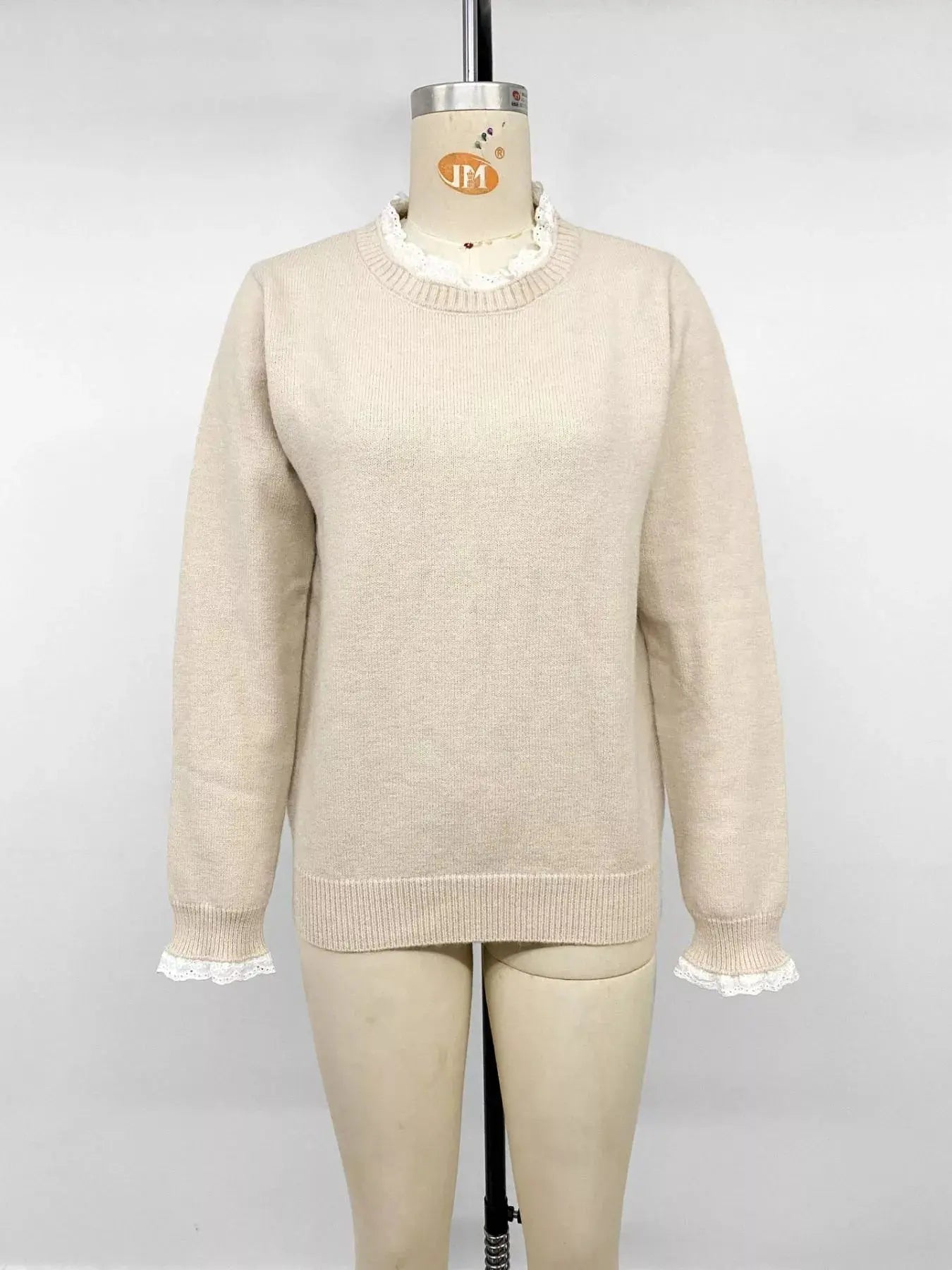 Elegant Lace Trim Round Neck Sweater  Style Ratio