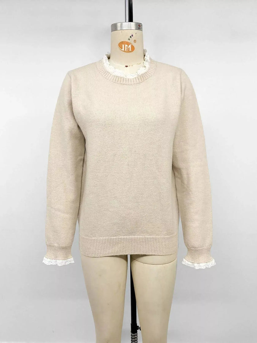Elegant Lace Trim Round Neck Sweater  Style Ratio