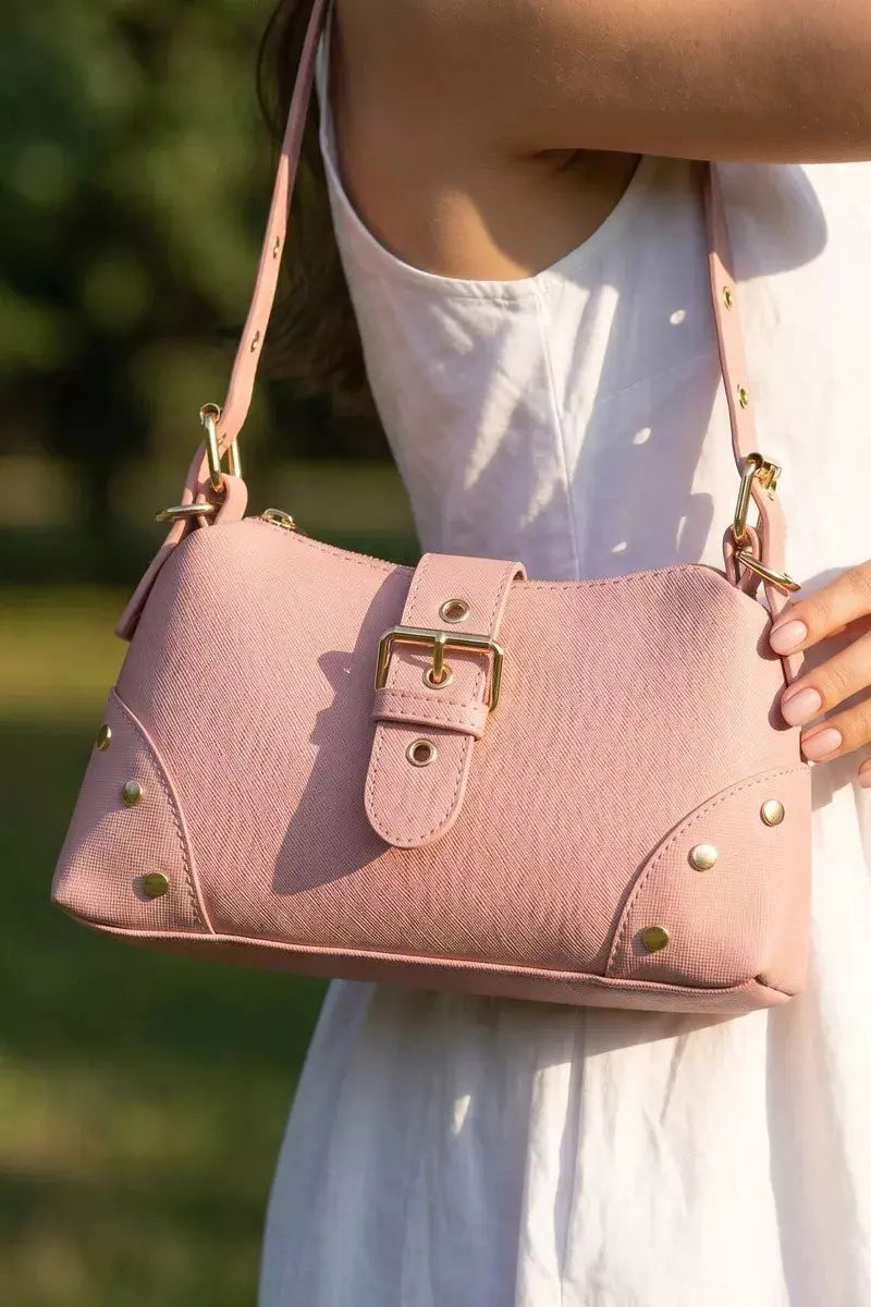 Fame Studded Saffiano Buckle Strap Shoulder Bag  Style Ratio