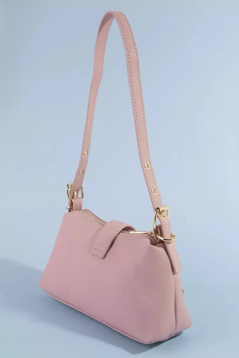 Fame Studded Saffiano Buckle Strap Shoulder Bag  Style Ratio
