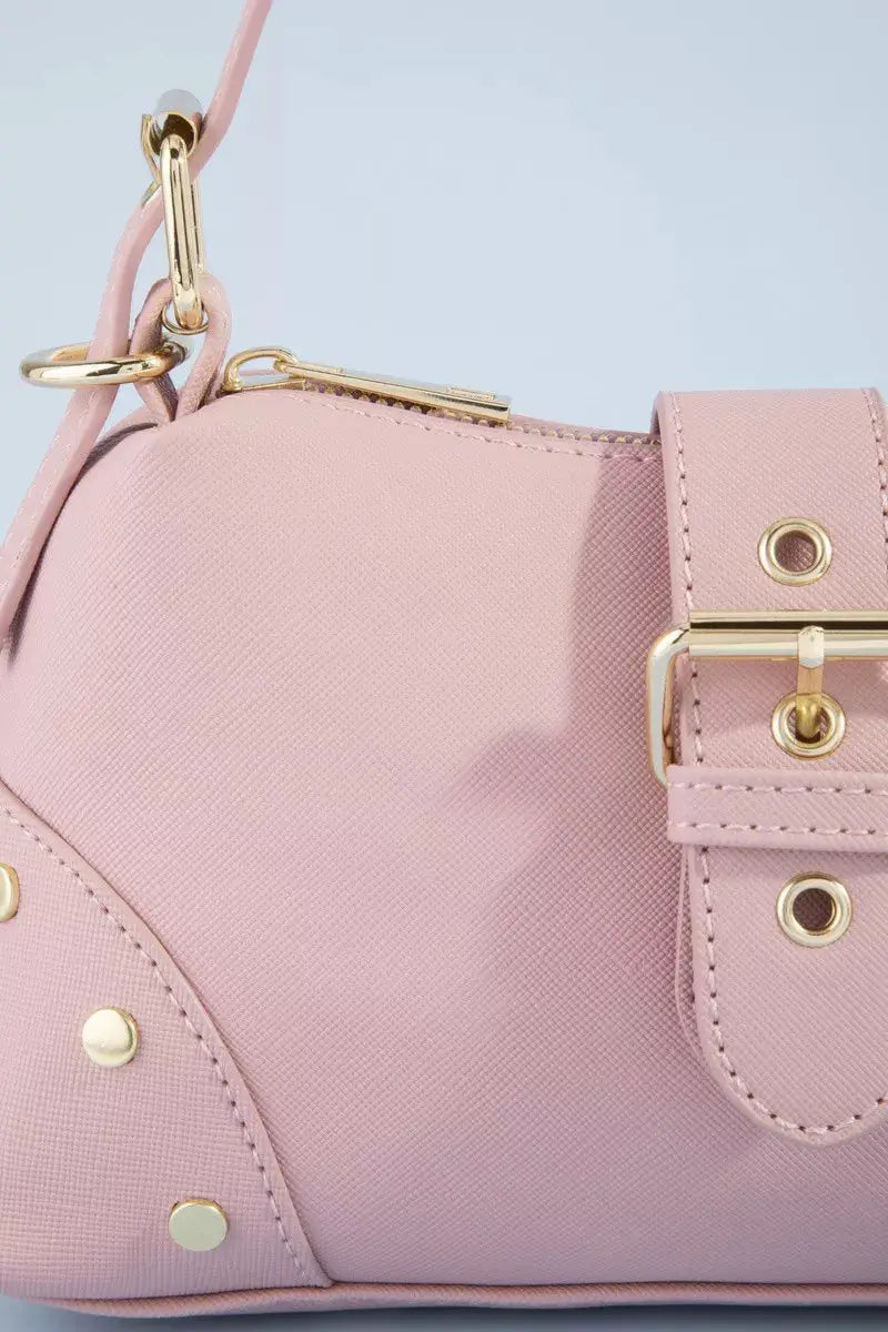 Fame Studded Saffiano Buckle Strap Shoulder Bag  Style Ratio