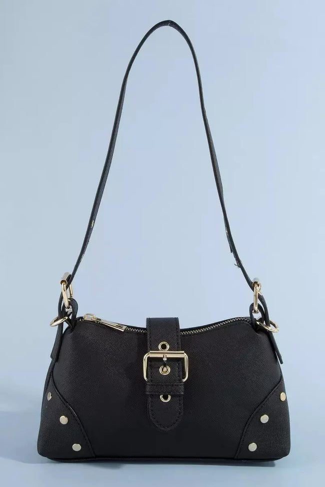 Fame Studded Saffiano Buckle Strap Shoulder Bag  Style Ratio