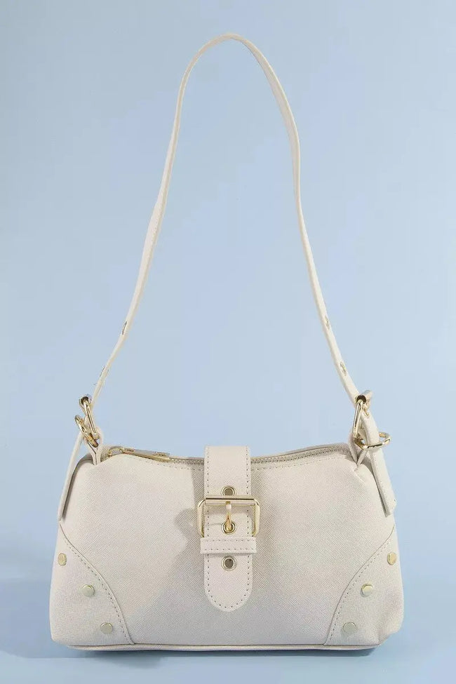 Fame Studded Saffiano Buckle Strap Shoulder Bag  Style Ratio
