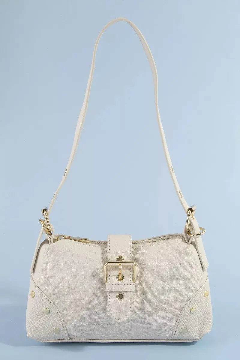 Fame Studded Saffiano Buckle Strap Shoulder Bag  Style Ratio
