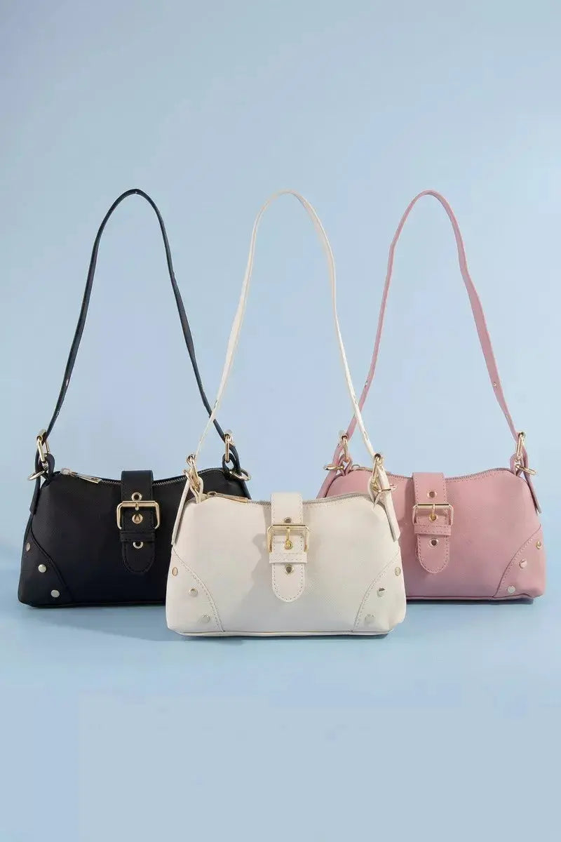 Fame Studded Saffiano Buckle Strap Shoulder Bag  Style Ratio