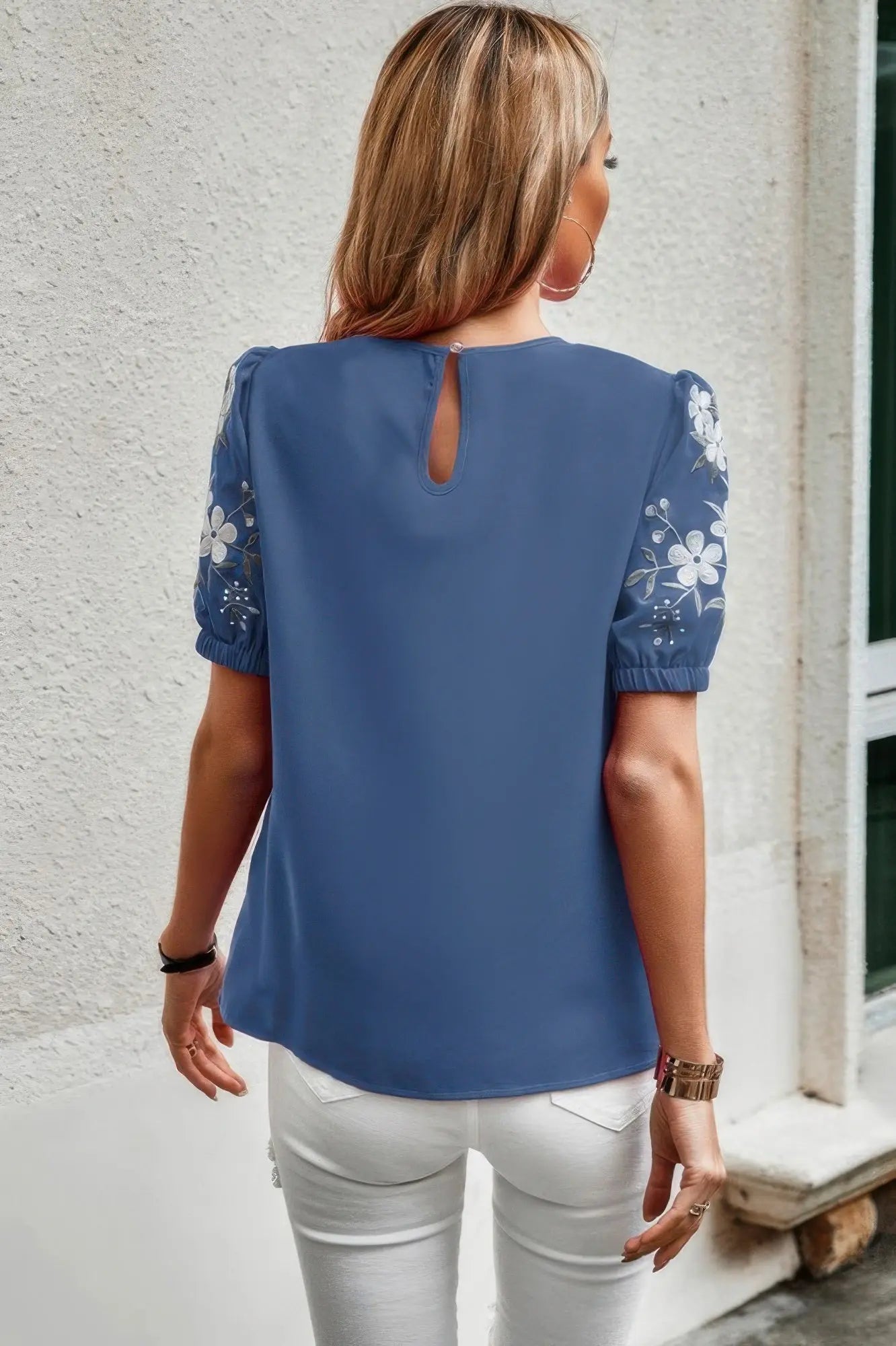 Floral Keyhole Neckline Loose Puff Sleeve Blouse  Style Ratio