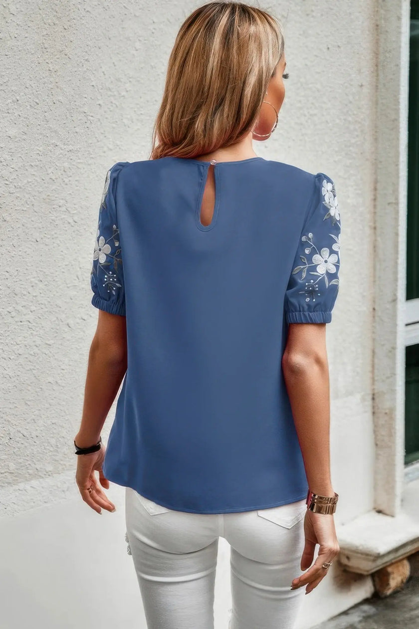 Floral Keyhole Neckline Loose Puff Sleeve Blouse  Style Ratio