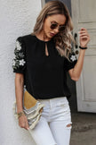 Floral Keyhole Neckline Loose Puff Sleeve Blouse  Style Ratio