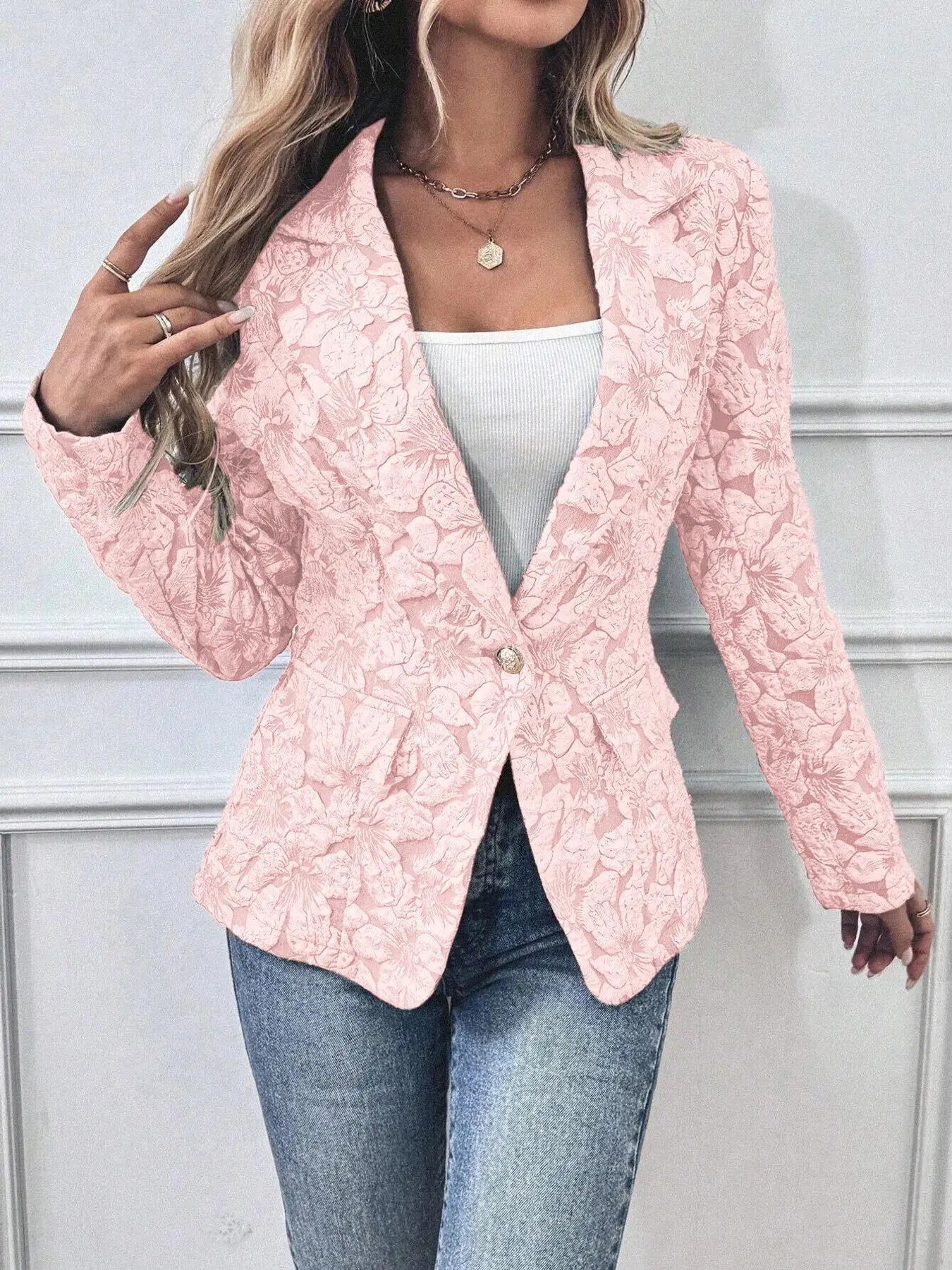 Floral Print Single Button Blazer with Pockets  Style Ratio