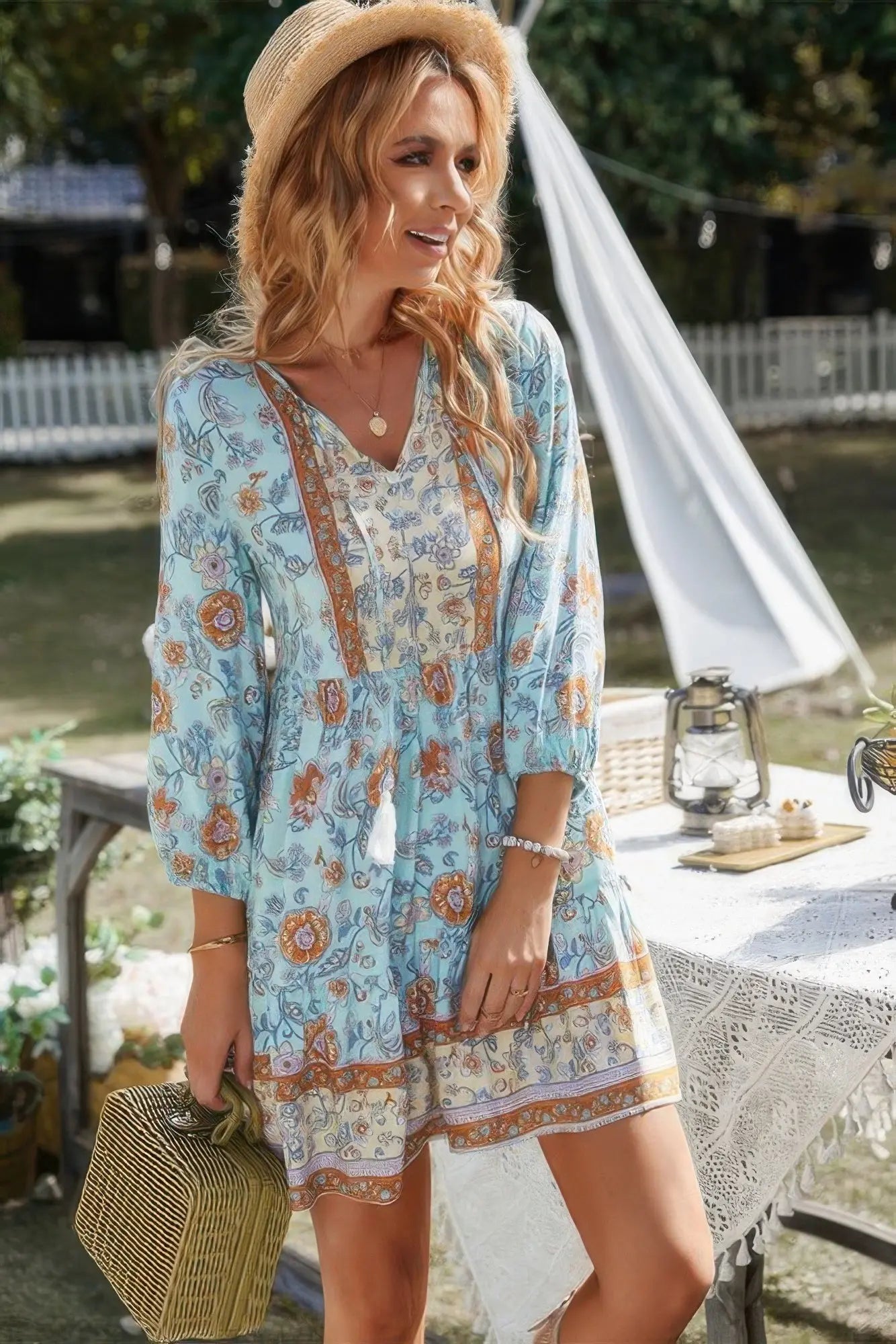 Floral Printed Button Down V Neck Long Sleeve Dress  Style Ratio
