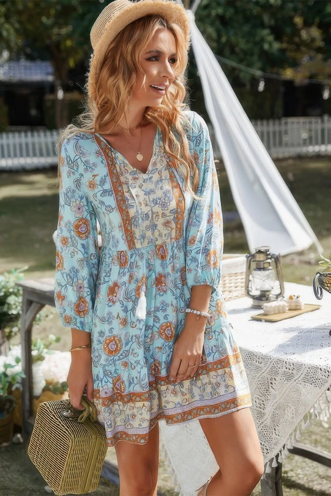 Floral Printed Button Down V Neck Long Sleeve Dress  Style Ratio