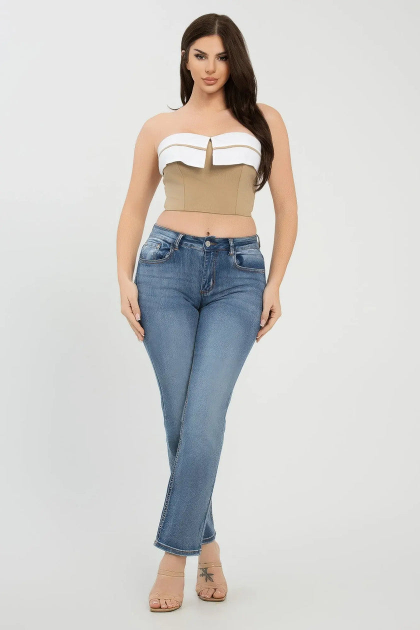 Front Fold-over Color Contrast Tube Top  Style Ratio