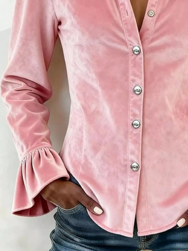 Full Size Velvet Button Up Flare Sleeve Shirt Plus Size  Style Ratio