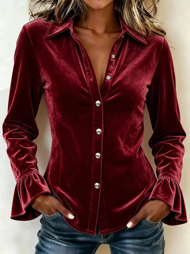 Full Size Velvet Button Up Flare Sleeve Shirt Plus Size  Style Ratio