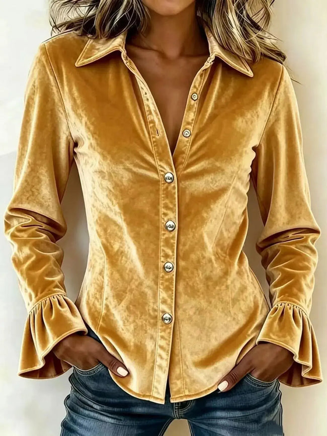 Full Size Velvet Button Up Flare Sleeve Shirt  Style Ratio