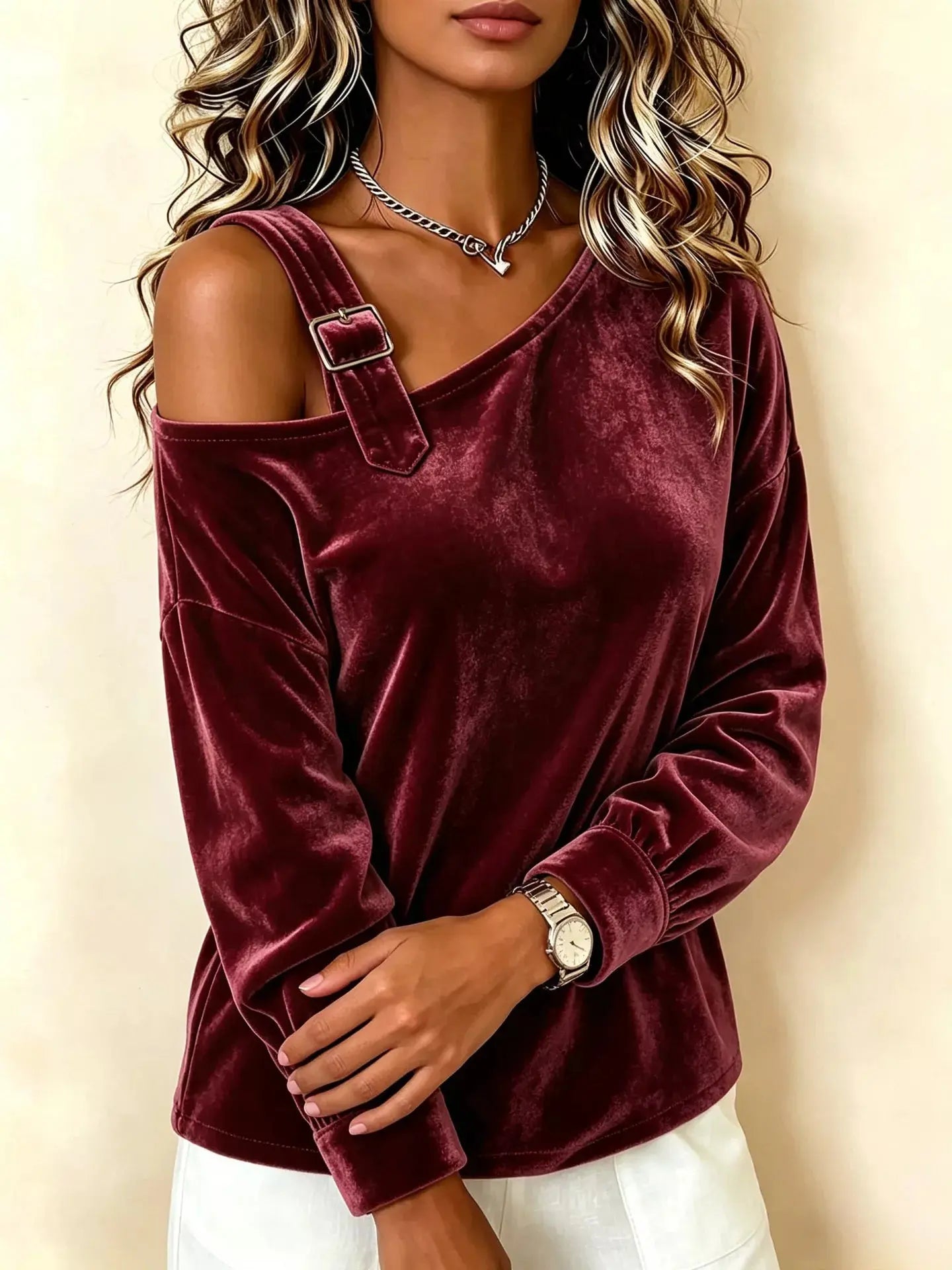Full Size Velvet One-Shoulder Top with Buckle Detail Plus Size  Style Ratio