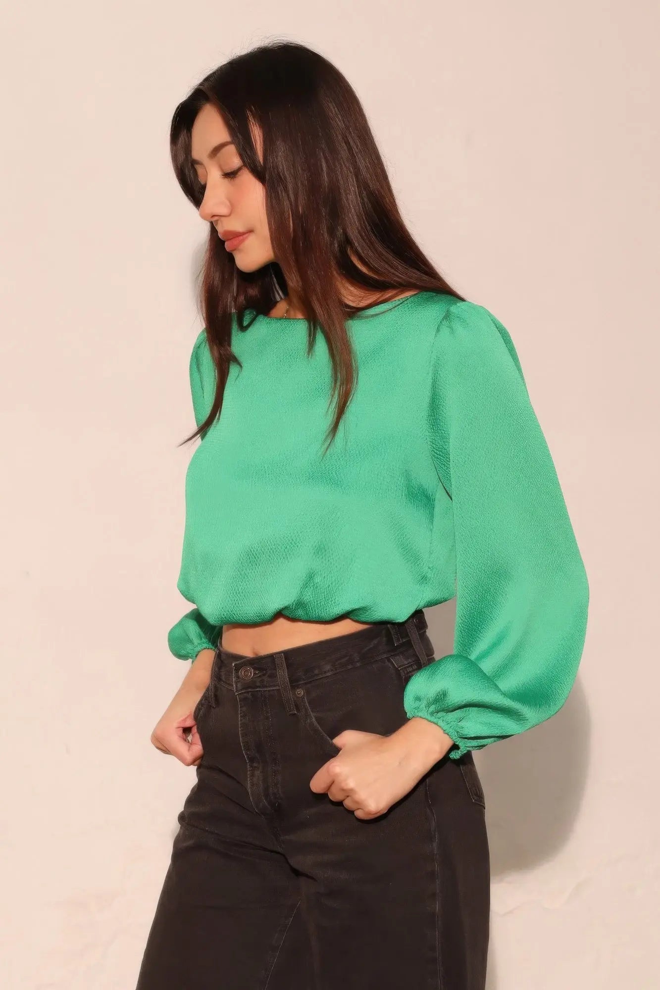 Hammered Satin Long Sleeve Crop Top  Style Ratio