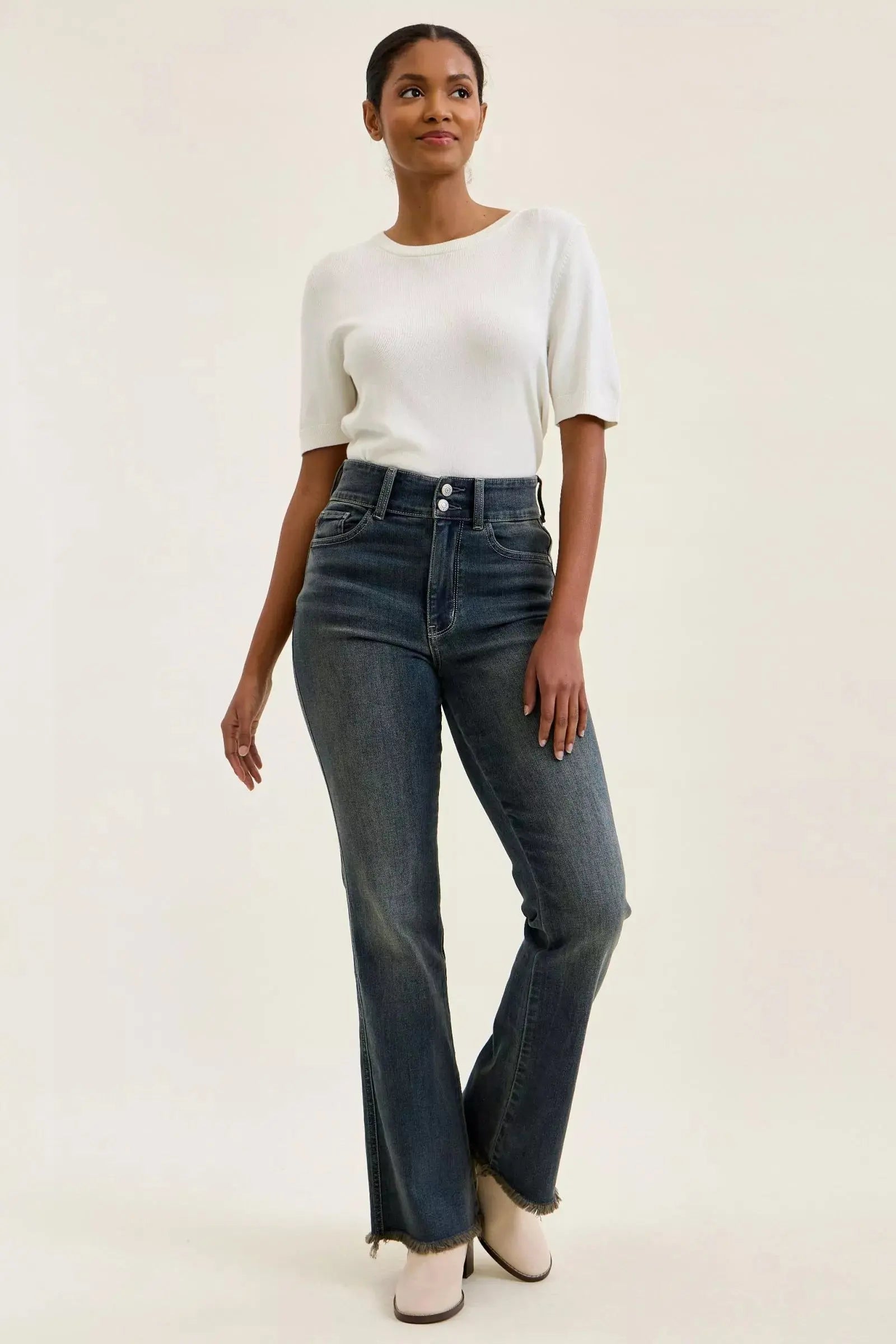 Judy Blue High Waist Double Button Frayed Hem Jeans  Style Ratio