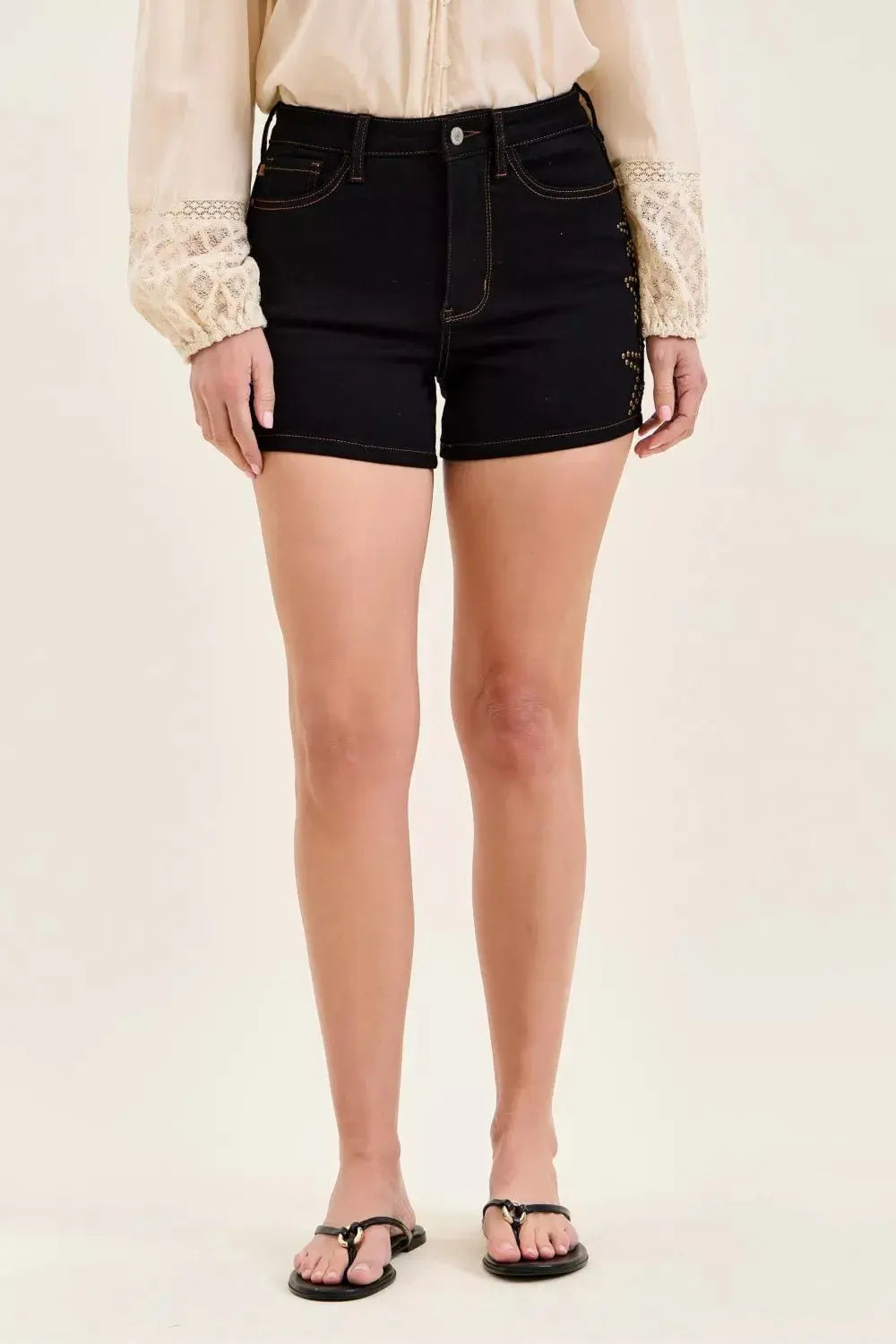 Judy Blue High Waist Slim Denim Short with Star Studded  Style Ratio