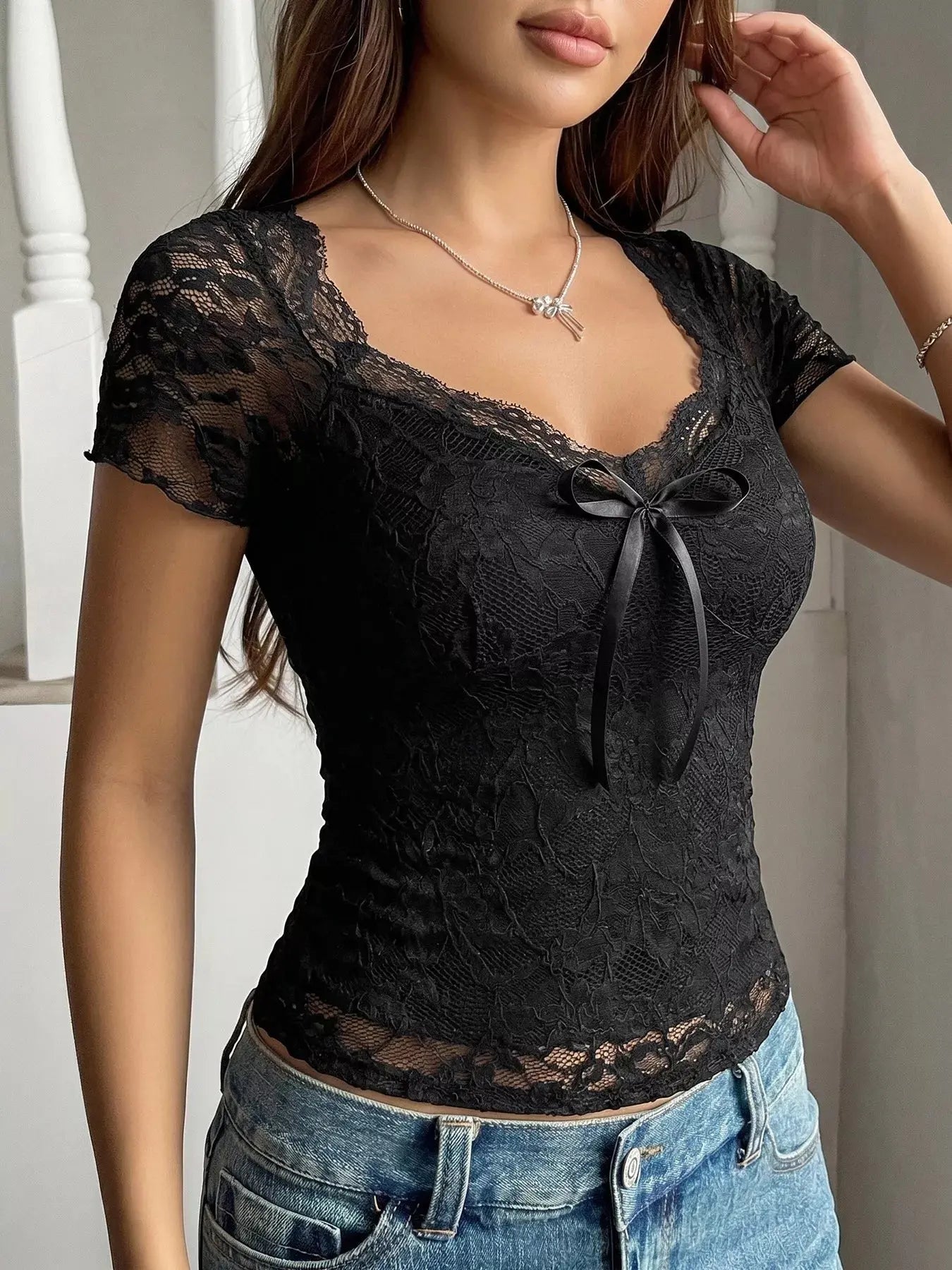 Lace Bowknot Slim Fit Top  Style Ratio