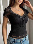 Lace Bowknot Slim Fit Top  Style Ratio