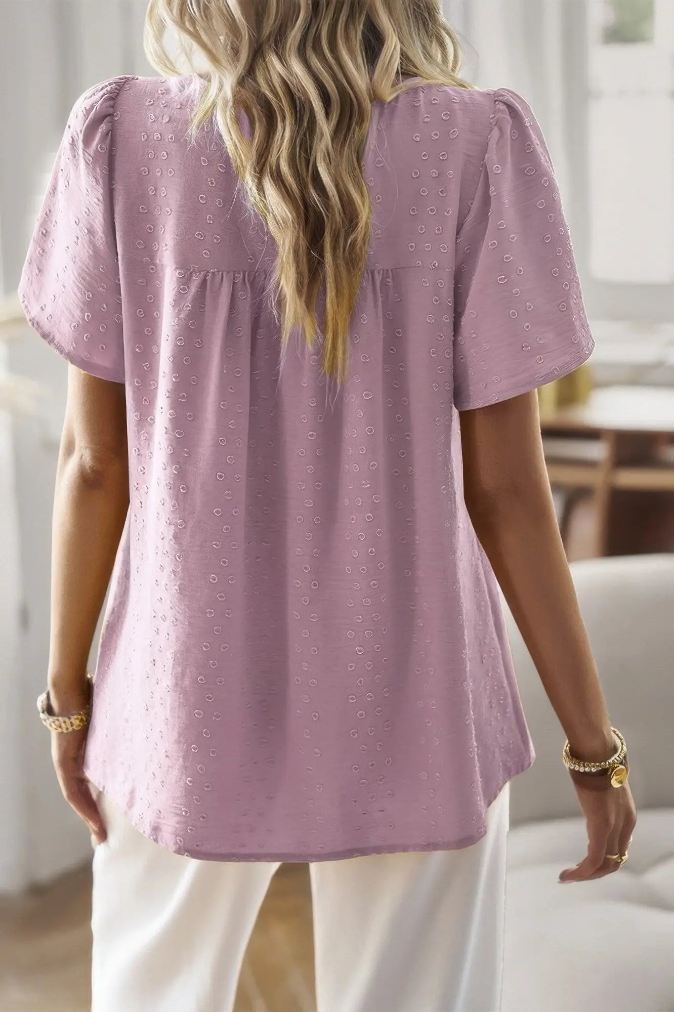 Loose Fit Dot Solid Lace Round Neck Top  Style Ratio