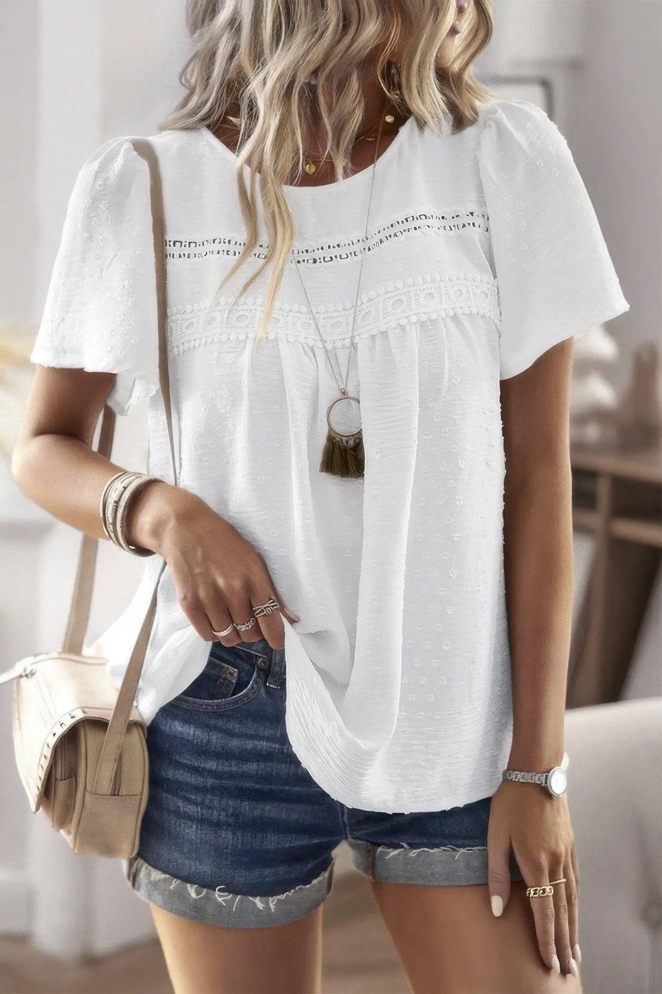 Loose Fit Dot Solid Lace Round Neck Top  Style Ratio
