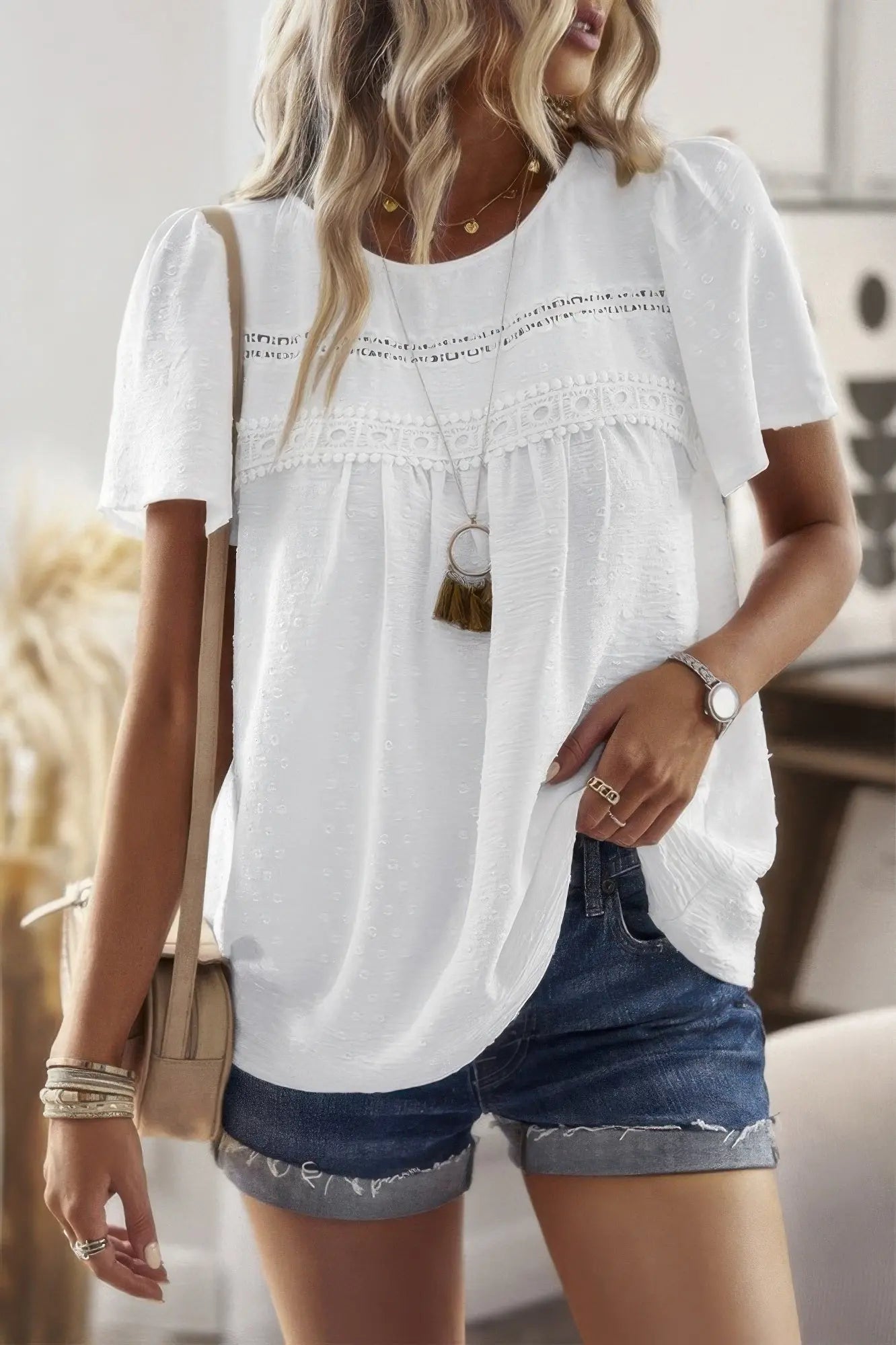 Loose Fit Dot Solid Lace Round Neck Top  Style Ratio