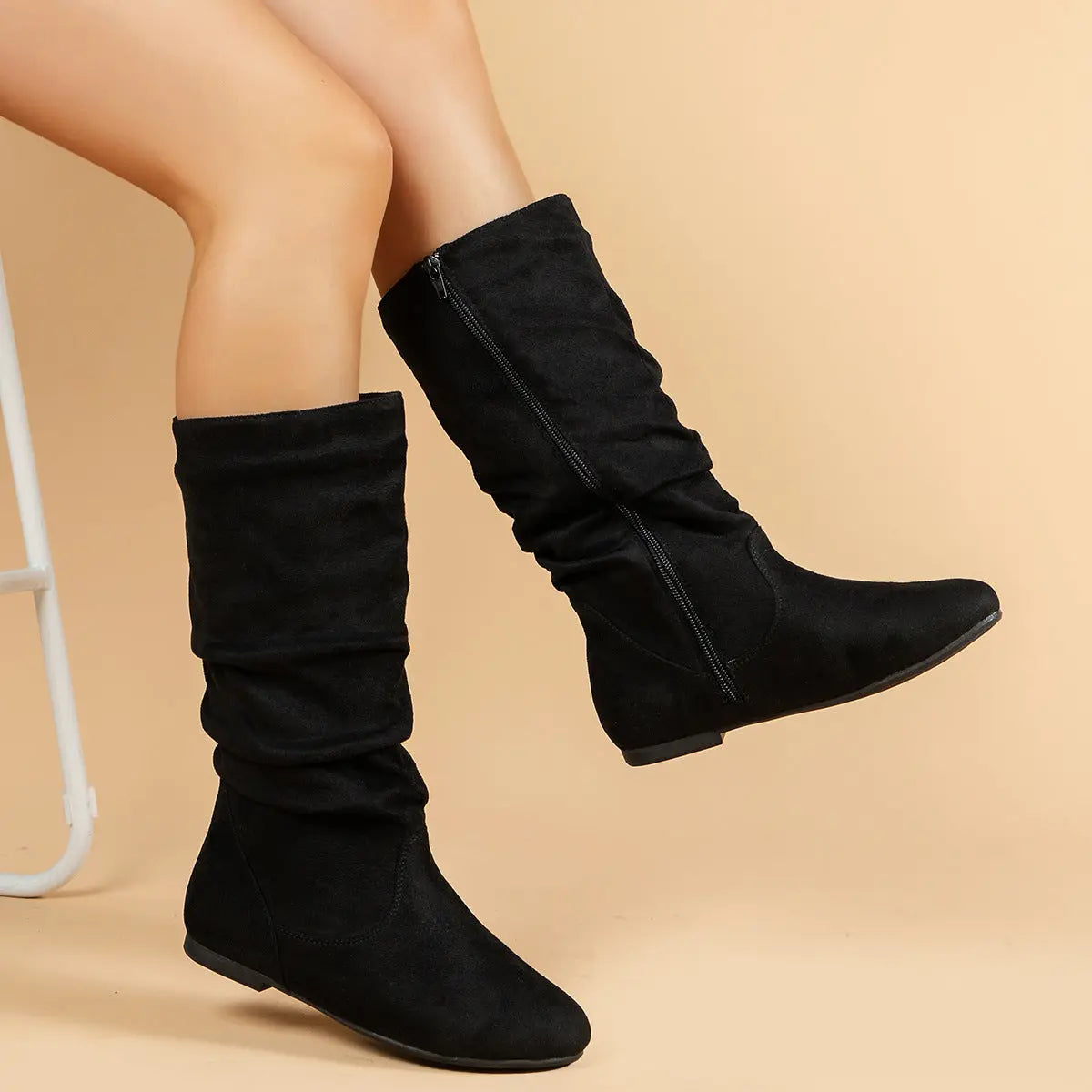 Mid-Calf Boots Lightweight Pleated Side Zip  Style Ratio