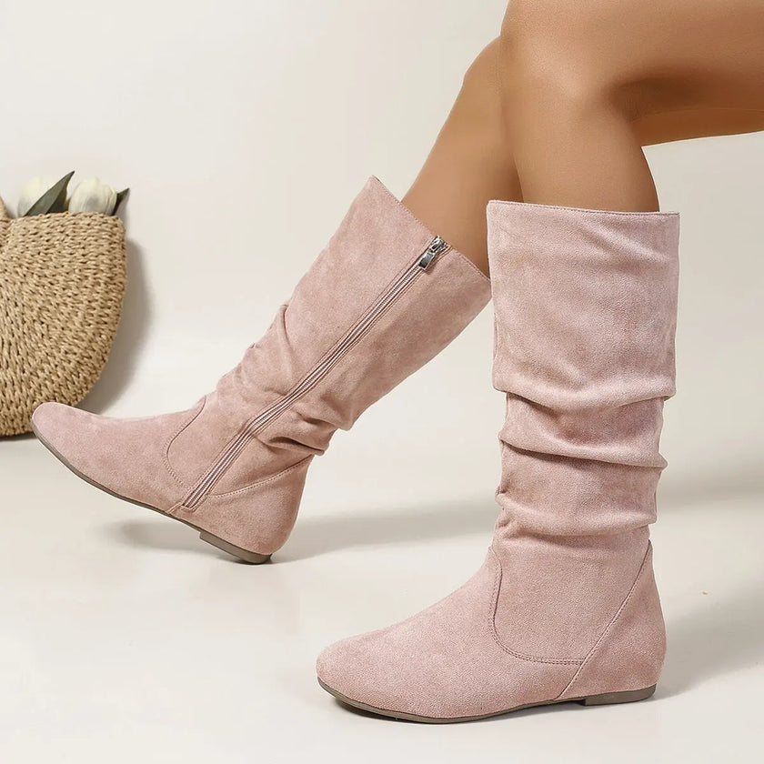 Mid-Calf Boots Lightweight Pleated Side Zip  Style Ratio