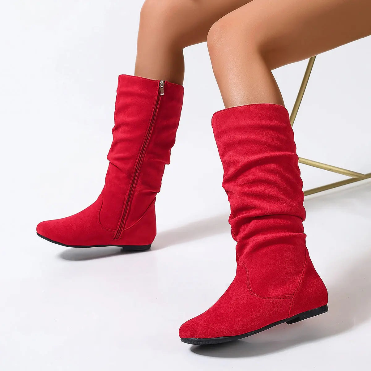 Mid-Calf Boots Lightweight Pleated Side Zip  Style Ratio