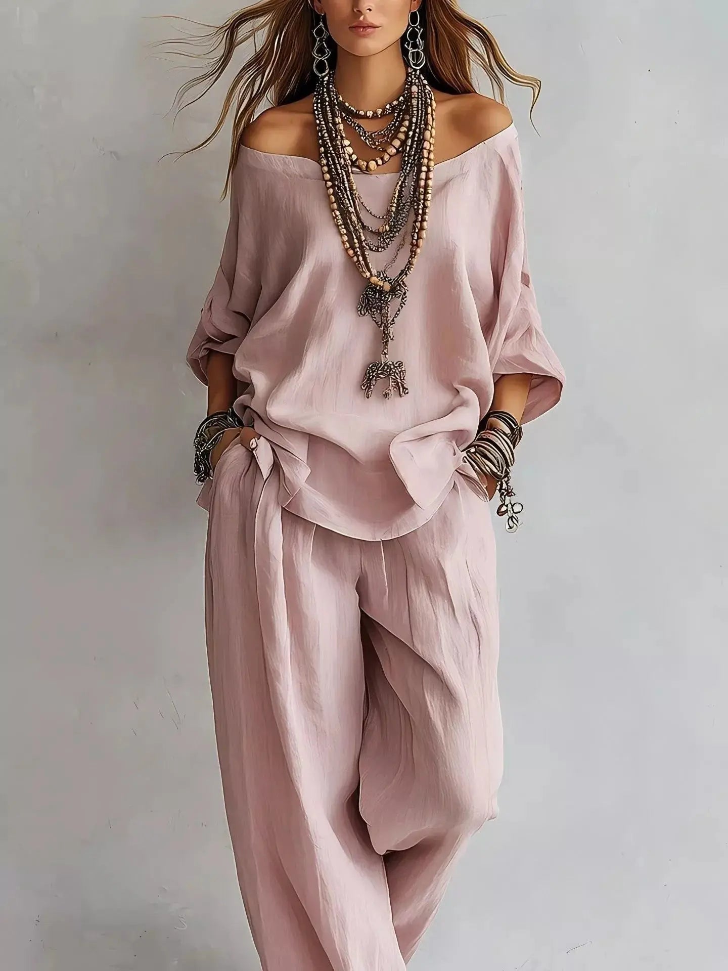 Off-Shoulder Loose Fit Top and Pants Two-Piece Set  Style Ratio